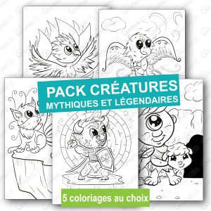 Pack Créatures mythiques et légendaires – 5 coloriages au format PDF